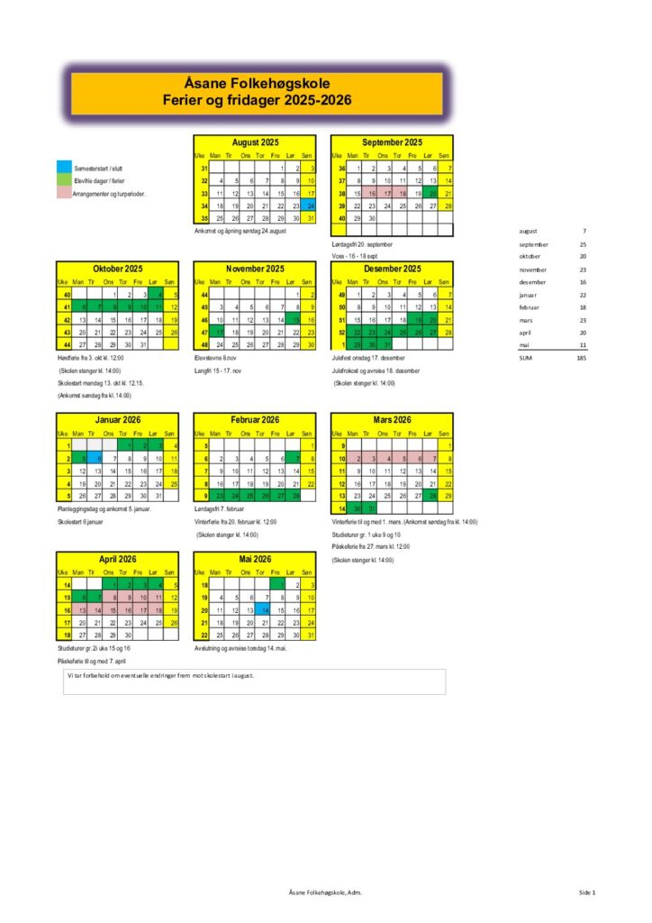 Skolerute 2025 2026 3 pdf - Åsane Folkehøgskole