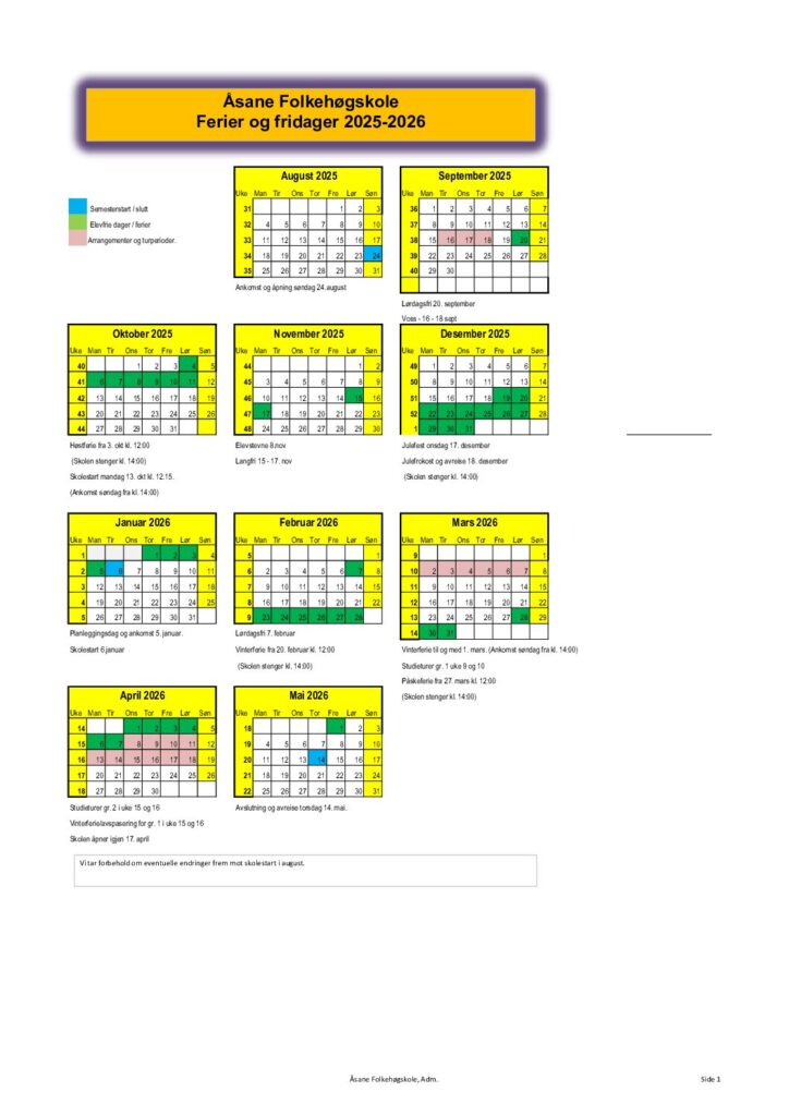 Skolerute 2025 2026 1 pdf - Åsane Folkehøgskole